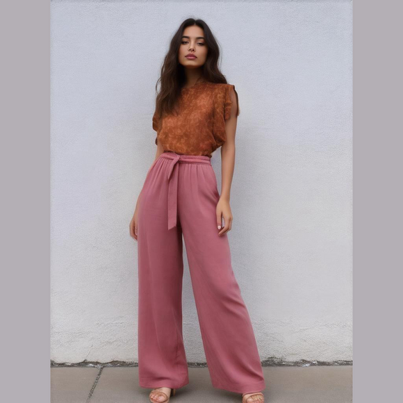 capella Pants - Ash pink pants. Wide leg. Tie belt. Small.